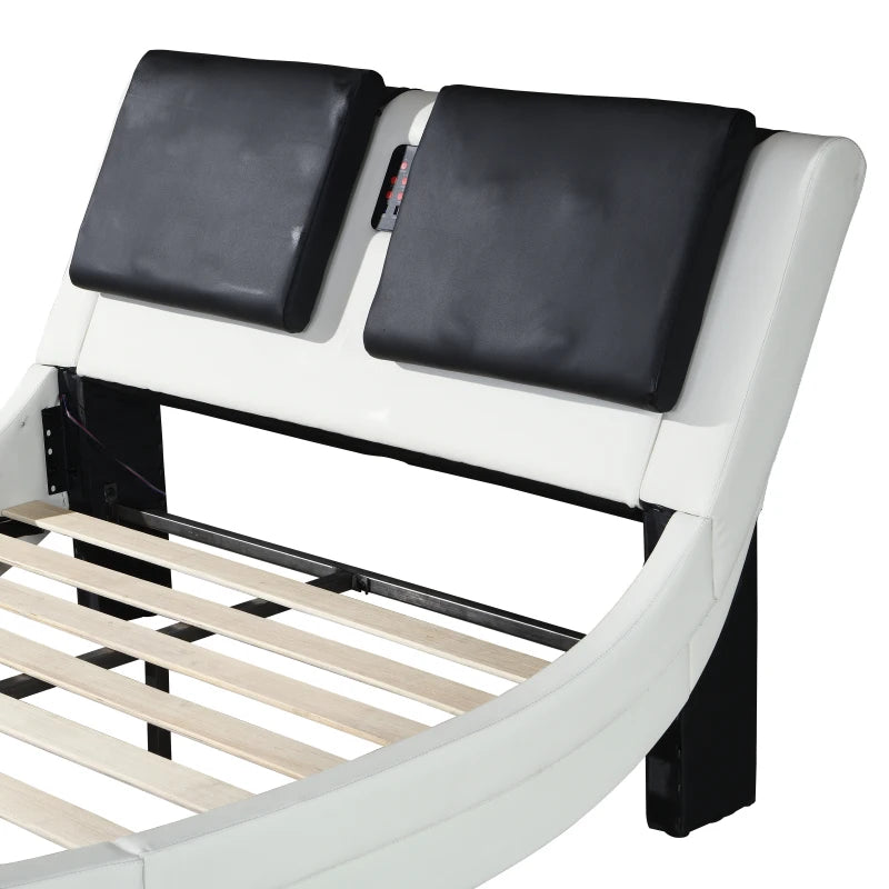 Faux Leather Bed Frame with LED,Bluetooth connection to play music control,Backrest vibration massage,Curve Design,Queen