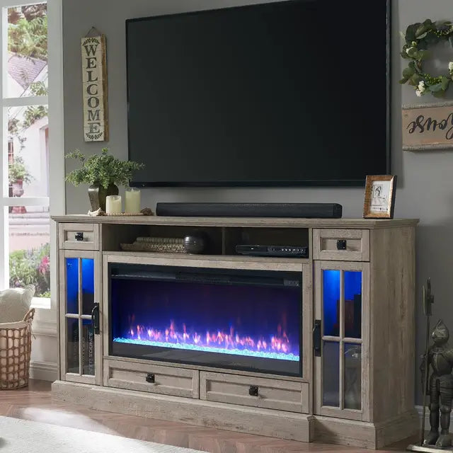 Fireplace TV Stand for 80 Inch TV, Farmhouse Entertainment Center with 42" Fireplace & LED Lights, Modern Media Console Table