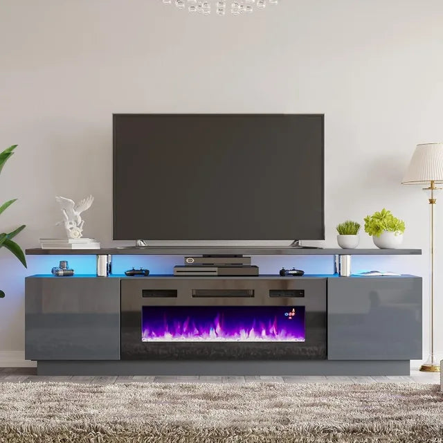 Fireplace TV Stand with 36" Fireplace, 70" Modern High Gloss Entertainment Center LED Lights, 2 Tier TV Console Cabinet