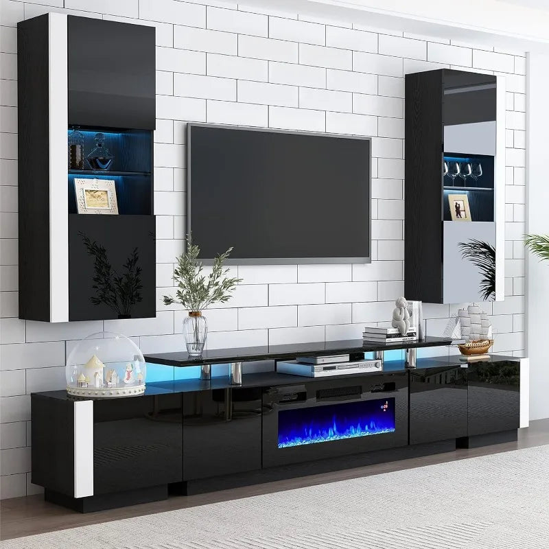 Fireplace TV Stand with 36" Fireplace, 70" Modern High Gloss Entertainment Center LED Lights, 2 Tier TV Console Cabinet