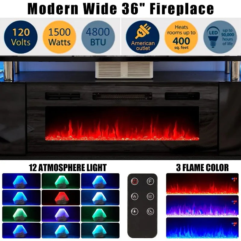 Fireplace TV Stand with 36" Fireplace, 70" Modern High Gloss Entertainment Center LED Lights, 2 Tier TV Console Cabinet