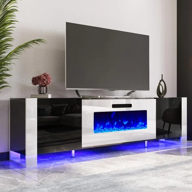 Fireplace TV Stand with 36" Fireplace, 70" Modern High Gloss Entertainment Center LED Lights, U-Shaped Legs TV Console Cabinet