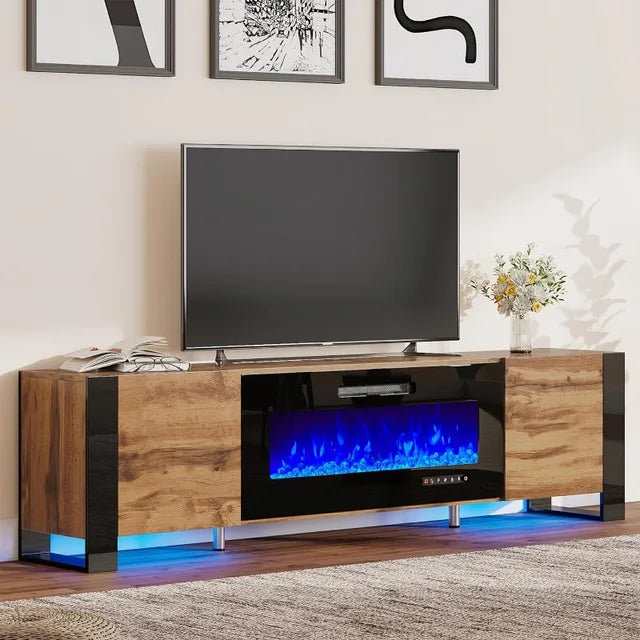 Fireplace TV Stand with 36" Fireplace, 70" Modern High Gloss Entertainment Center LED Lights, U-Shaped Legs TV Console Cabinet