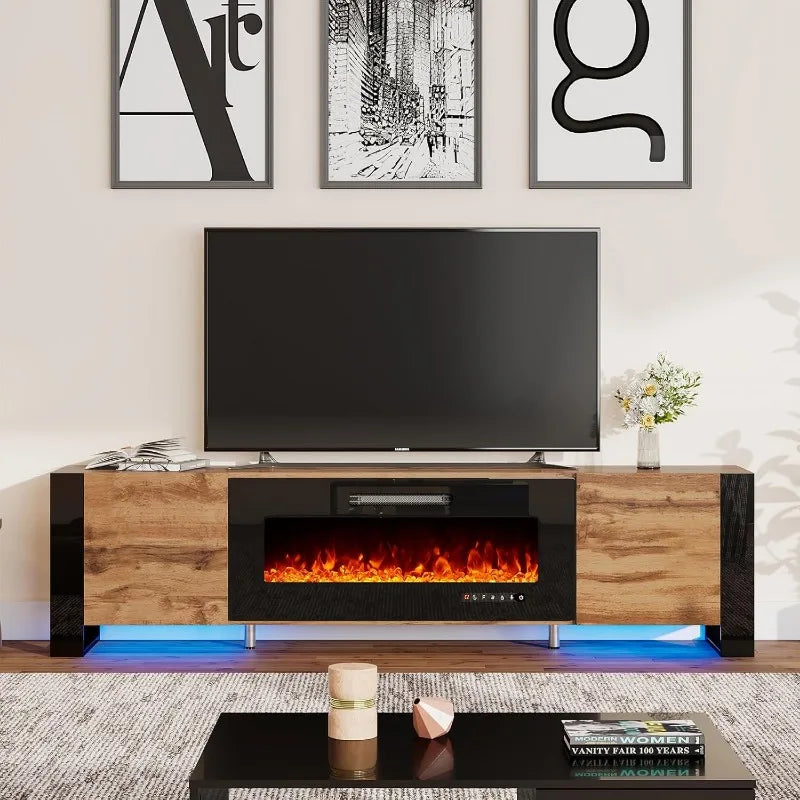 Fireplace TV Stand with 36" Fireplace, 70" Modern High Gloss Entertainment Center LED Lights, U-Shaped Legs TV Console Cabinet