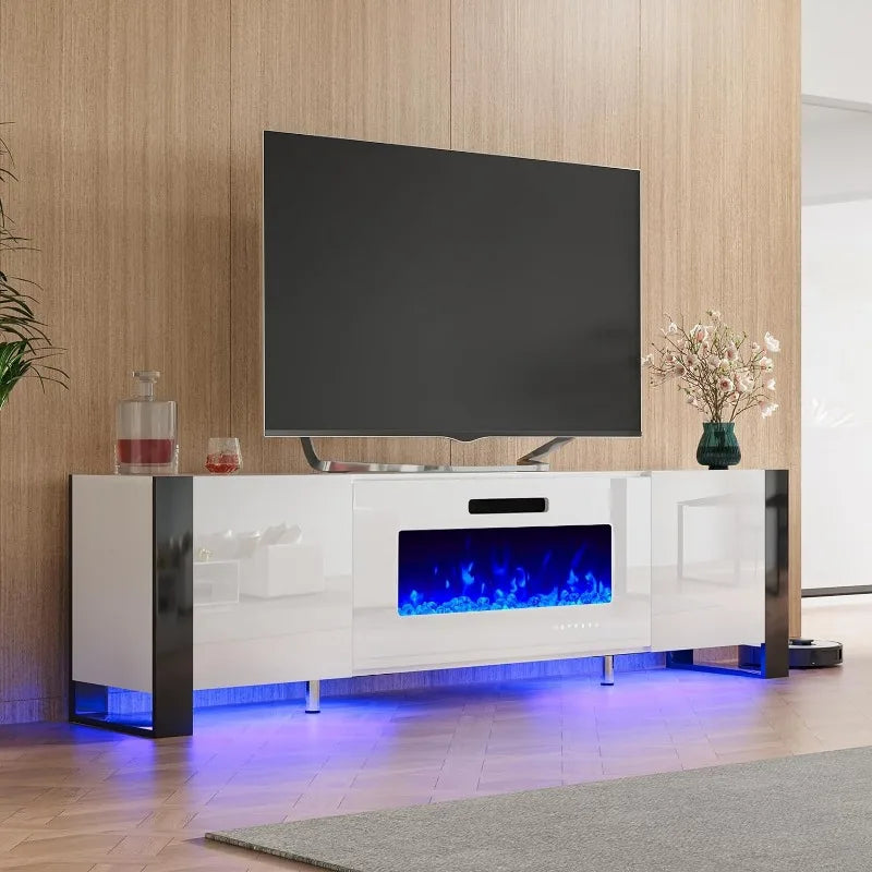 Fireplace TV Stand with 36" Fireplace, 70" Modern High Gloss Entertainment Center LED Lights, U-Shaped Legs TV Console Cabinet