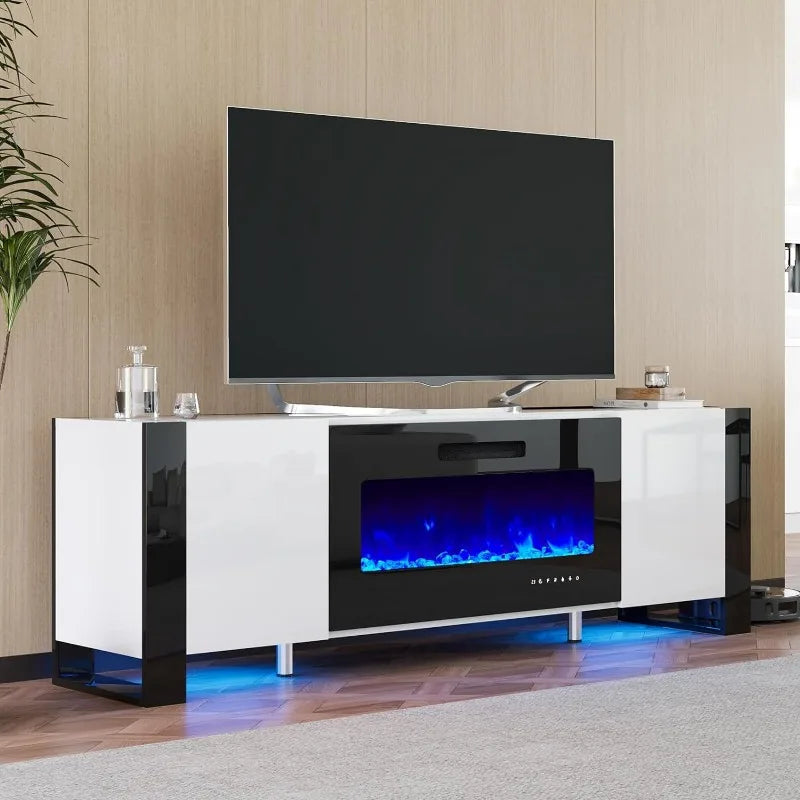 Fireplace TV Stand with 36" Fireplace, 70" Modern High Gloss Entertainment Center LED Lights, U-Shaped Legs TV Console Cabinet