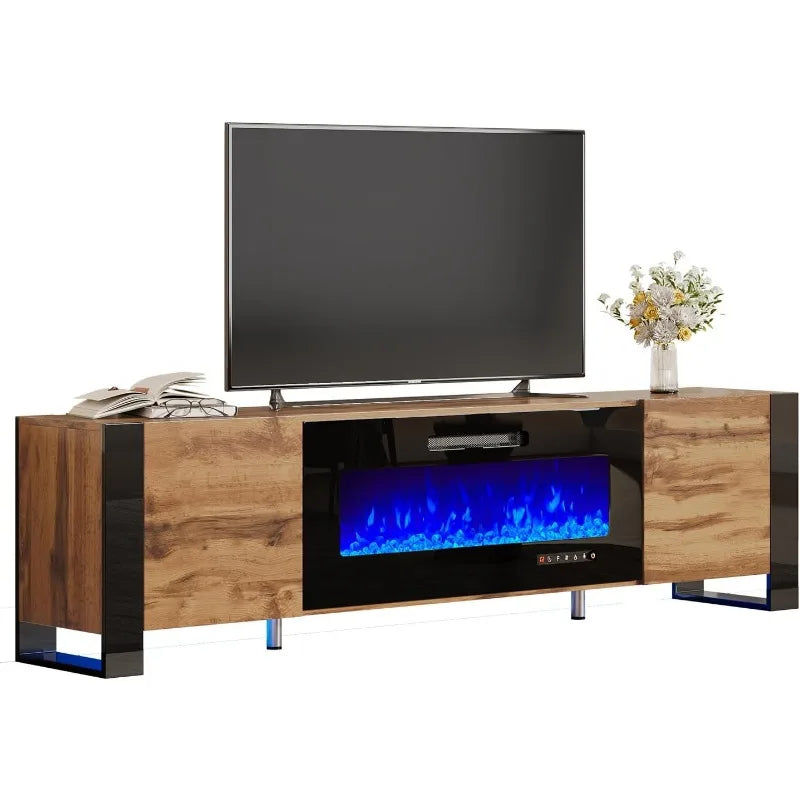 Fireplace TV Stand with 36" Fireplace, 70" Modern High Gloss Entertainment Center LED Lights, U-Shaped Legs TV Console Cabinet