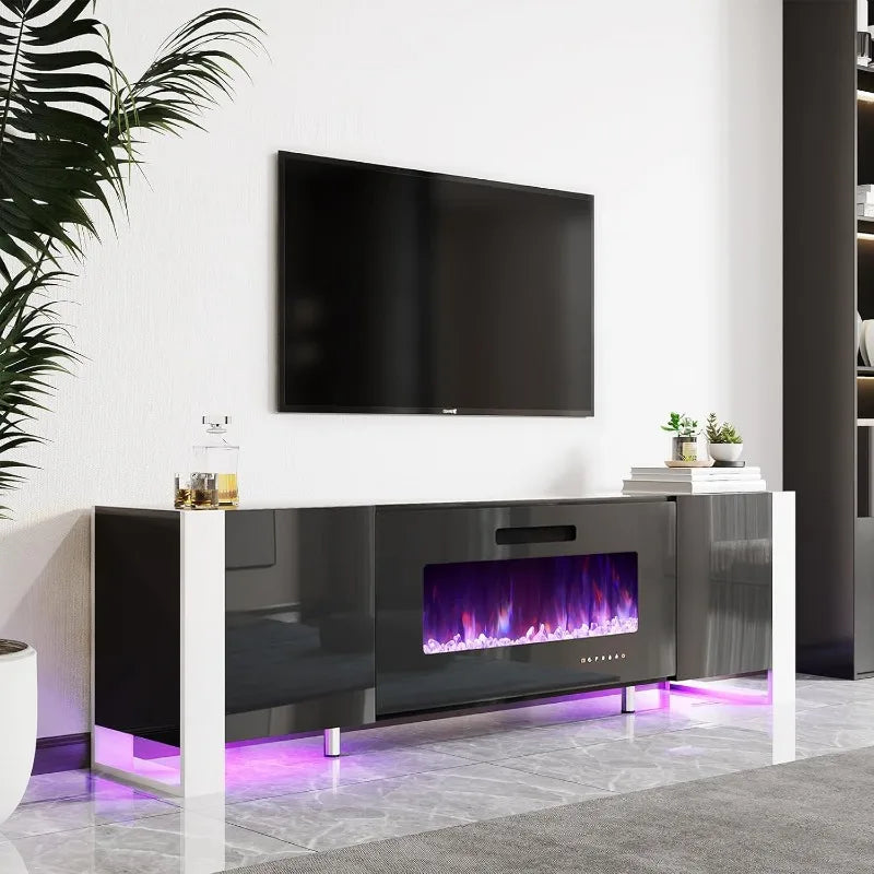 Fireplace TV Stand with 36" Fireplace, 70" Modern High Gloss Entertainment Center LED Lights, U-Shaped Legs TV Console Cabinet