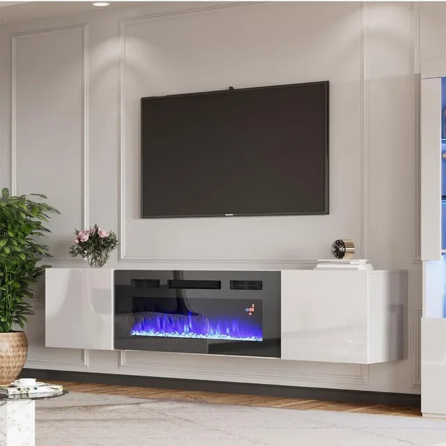 Floating TV Stand with 36" Electric Fireplace, High Gloss Finish Wall Mounted Fireplace Entertainment Center with Storage for