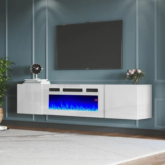 Floating TV Stand with 36" Electric Fireplace, High Gloss Finish Wall Mounted Fireplace Entertainment Center with Storage for