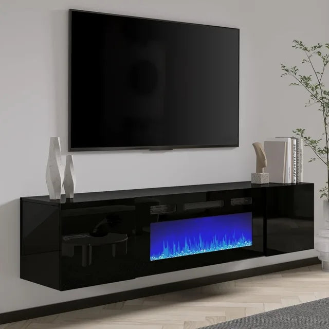 Floating TV Stand with 36" Electric Fireplace, High Gloss Finish Wall Mounted Fireplace Entertainment Center with Storage for