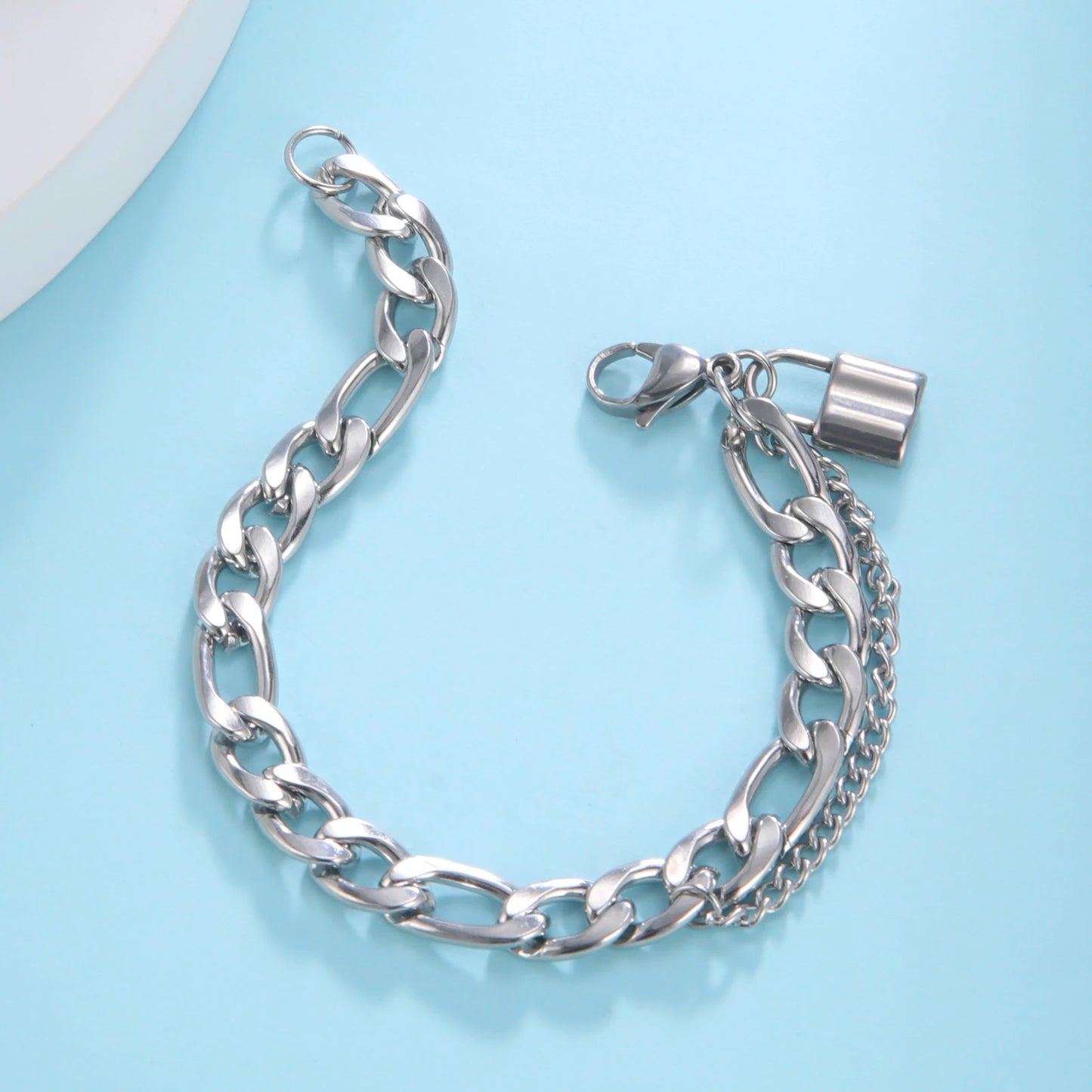 Hip Hop Jewelry for Men Stainless Steel Double Layer Cuban Chain Bracelet for Women Padlock Pendant Jewelry for Party Gift