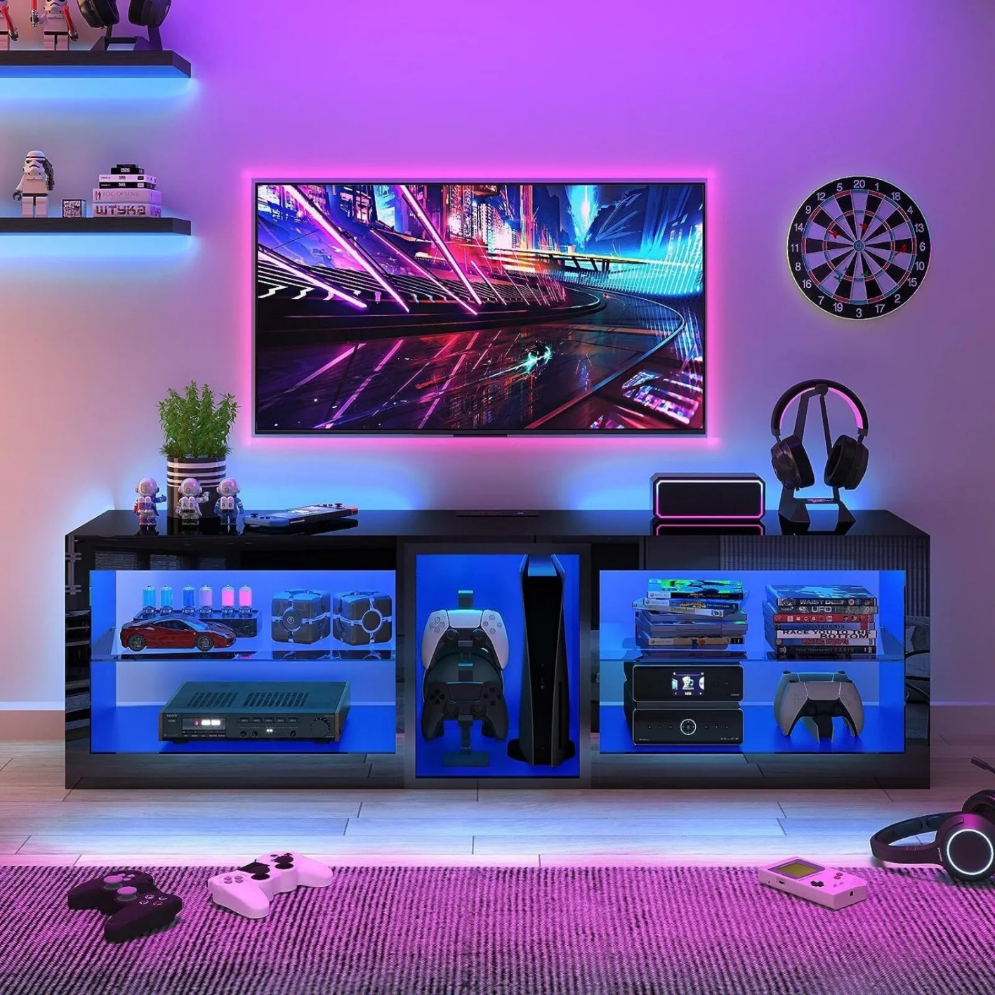 US 63inch LED TV Stand with Outlet for 70'' Modern High Gloss Entertainment Center