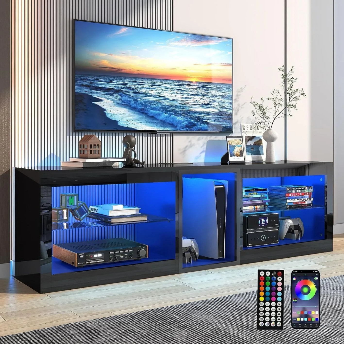 US 63inch LED TV Stand with Outlet for 70'' Modern High Gloss Entertainment Center