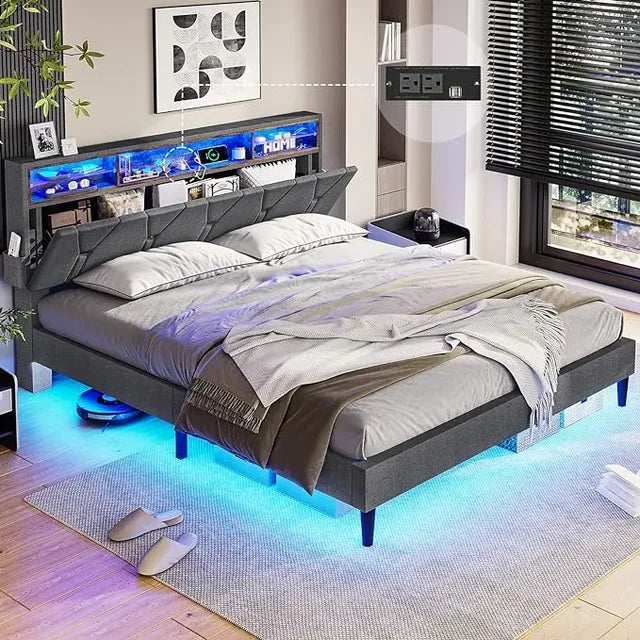 King Size Bed Frame with LED Lights and Headboard Storage, LED Beds Frame King Size with Charging Station, Upholstered Bed Frame