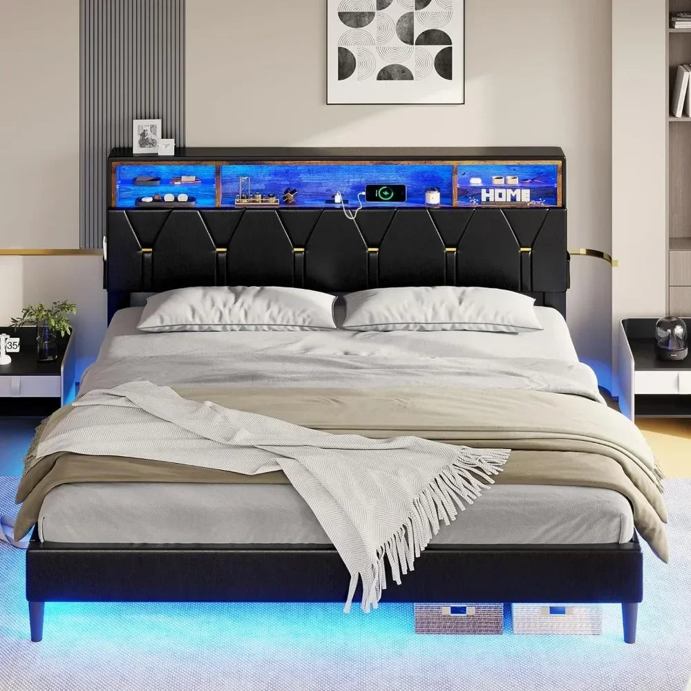 King Size Bed Frame with LED Lights and Headboard Storage, LED Beds Frame King Size with Charging Station, Upholstered Bed Frame