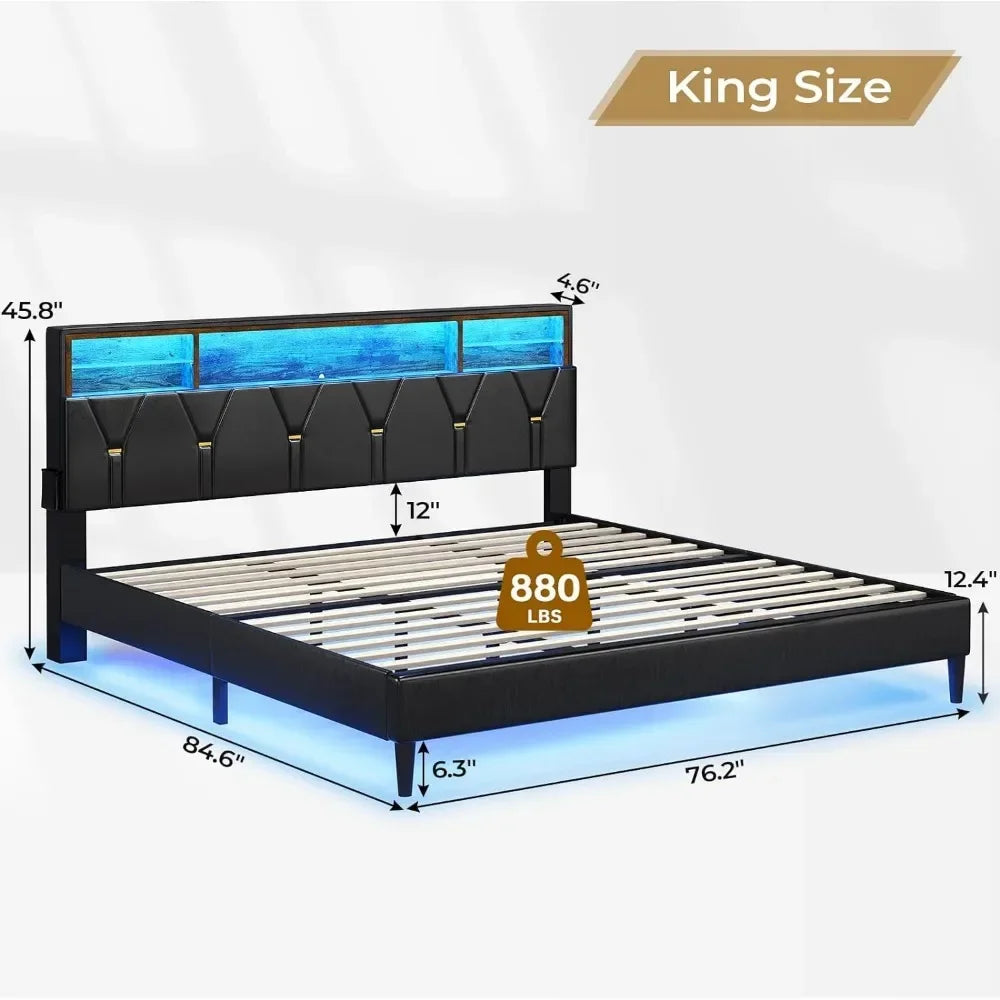 King Size Bed Frame with LED Lights and Headboard Storage, LED Beds Frame King Size with Charging Station, Upholstered Bed Frame