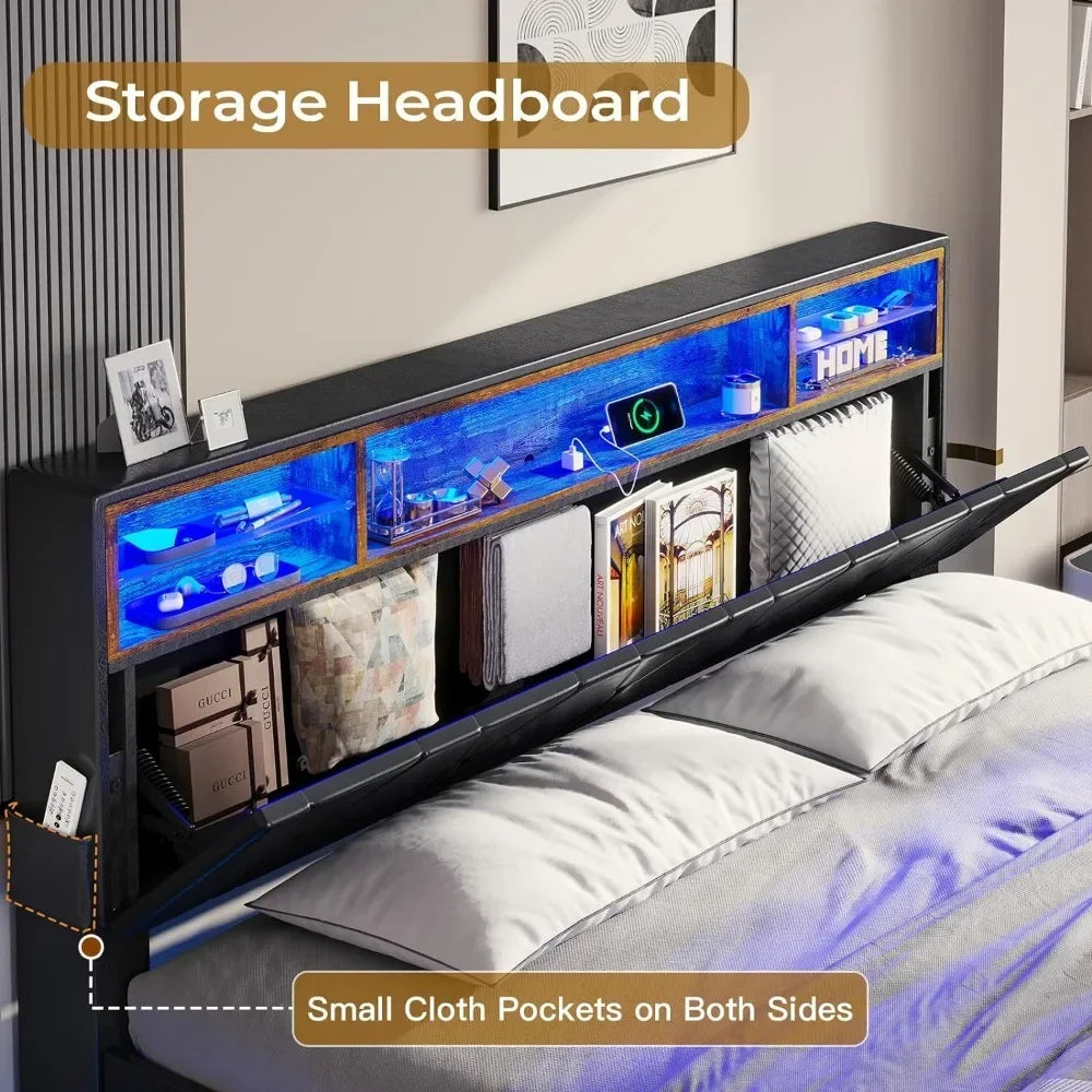 King Size Bed Frame with LED Lights and Headboard Storage, LED Beds Frame King Size with Charging Station, Upholstered Bed Frame