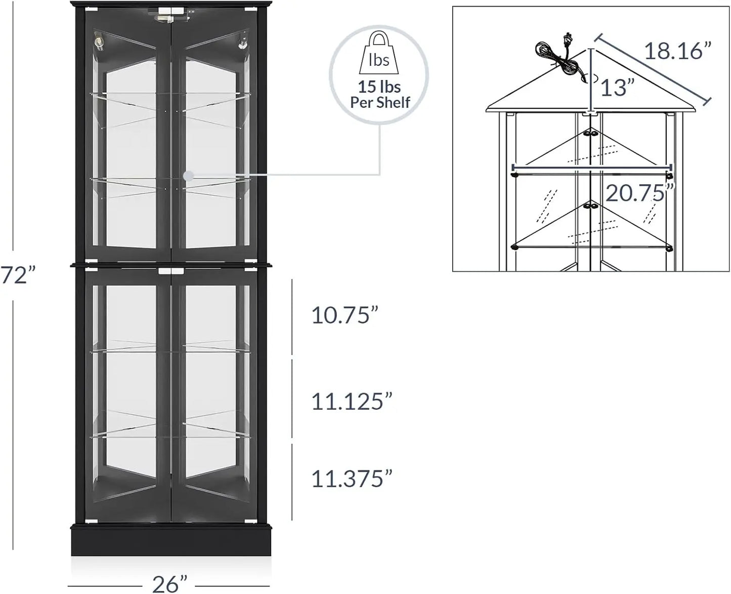 Curio corner Cabinet with Tempered Glass Doors and Shelves, Classic Wood Cabinet w/lights