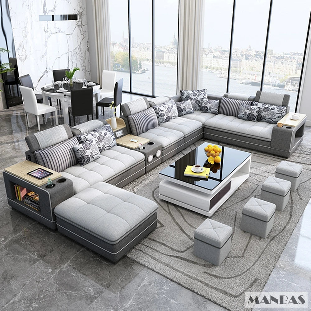 Linlamlim Fabric Living Room Sofas Sets with Bluetooth Speaker Sound System, Big U Shape Corner Cloth Couch for Modern Furniture