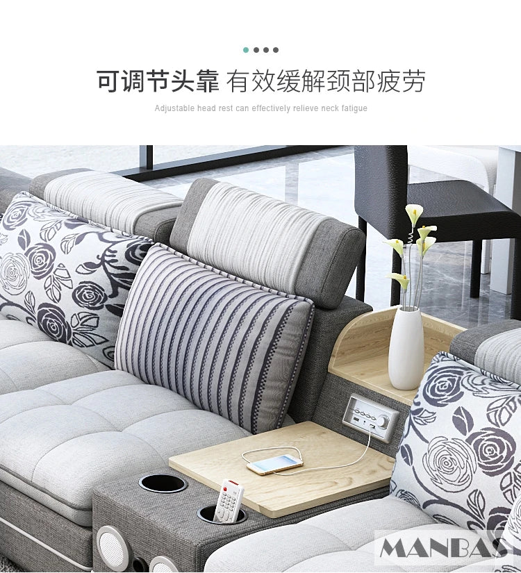 Linlamlim Fabric Living Room Sofas Sets with Bluetooth Speaker Sound System, Big U Shape Corner Cloth Couch for Modern Furniture