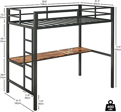 Loft Bed Twin Size with Desk, Safety Guardrail and Stairs, Metal Loft Bed Frame with Power Outlet and LED Lighted, Space-Saving