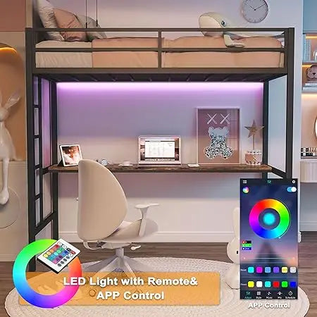 Loft Bed Twin Size with Desk, Safety Guardrail and Stairs, Metal Loft Bed Frame with Power Outlet and LED Lighted, Space-Saving