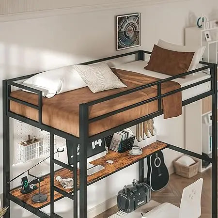 Loft Bed Twin Size with Desk, Safety Guardrail and Stairs, Metal Loft Bed Frame with Power Outlet and LED Lighted, Space-Saving