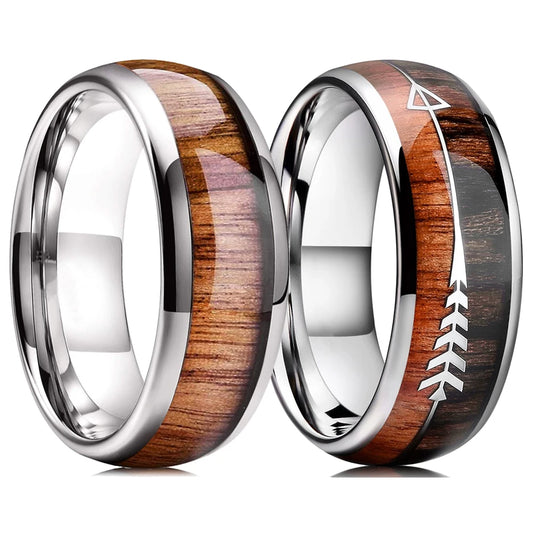 Luxury Mens 8mm Koa Wood Arrow Inlay Titanium Wedding Ring Viking Hunting Stainless Steel Engagement Ring Men Wedding Band Gift