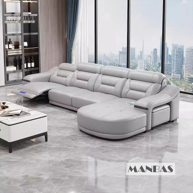 MANBAS Genuine Leather Living Room Sofas Sets Power Reclining Couch Electric Recliners With Projector, USB, Speaker & Cup Holder