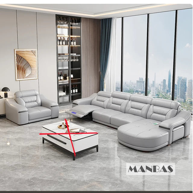 MANBAS Genuine Leather Living Room Sofas Sets Power Reclining Couch Electric Recliners With Projector, USB, Speaker & Cup Holder