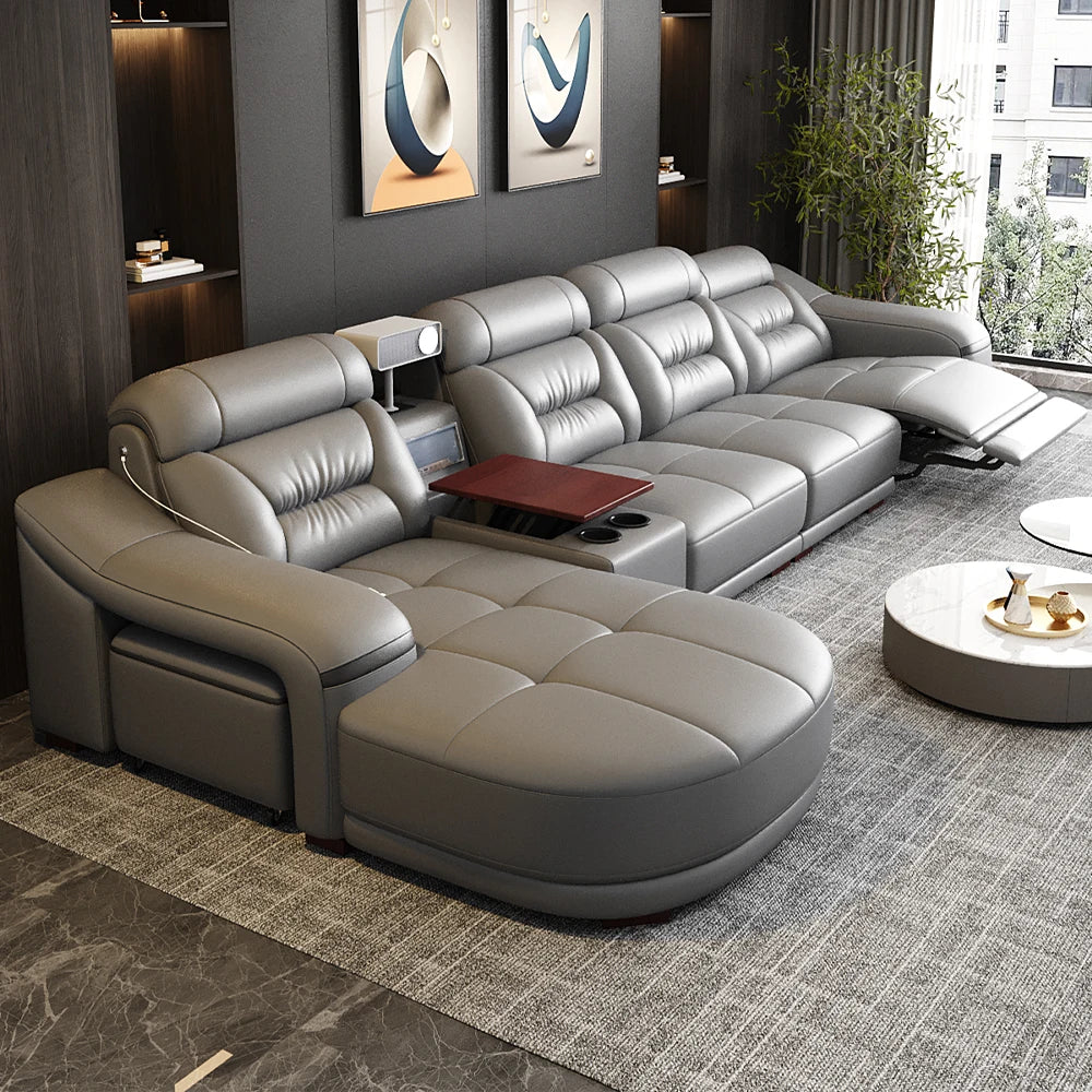 MANBAS Genuine Leather Living Room Sofas Sets Power Reclining Couch Electric Recliners With Projector, USB, Speaker & Cup Holder