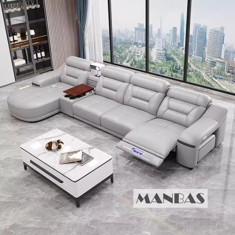 MANBAS Genuine Leather Living Room Sofas Sets Power Reclining Couch Electric Recliners With Projector, USB, Speaker & Cup Holder