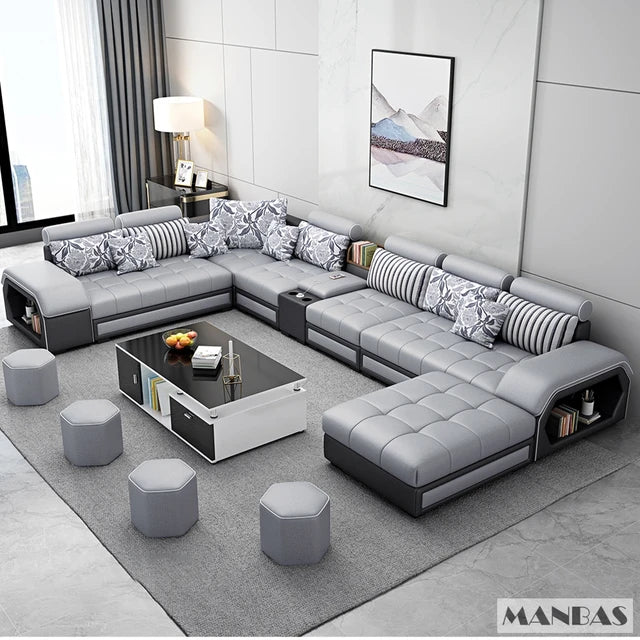 MINGDIBAO Fabric Sofa Set Furniture Living Room Sofa Set with USB and Stools / Big U Shape Cloth Couch Sofas for Home Furniture