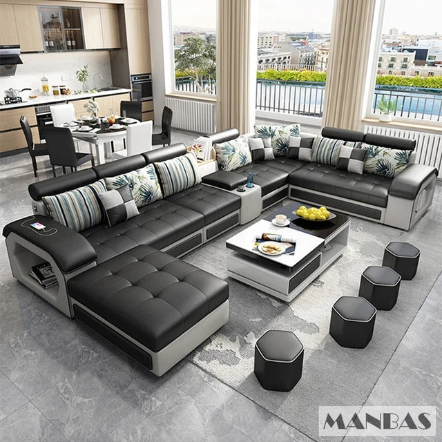 MINGDIBAO Fabric Sofa Set Furniture Living Room Sofa Set with USB and Stools / Big U Shape Cloth Couch Sofas for Home Furniture