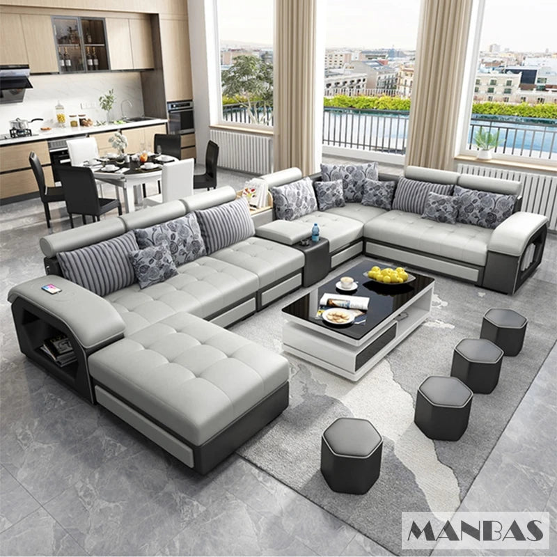 MINGDIBAO Fabric Sofa Set Furniture Living Room Sofa Set with USB and Stools / Big U Shape Cloth Couch Sofas for Home Furniture