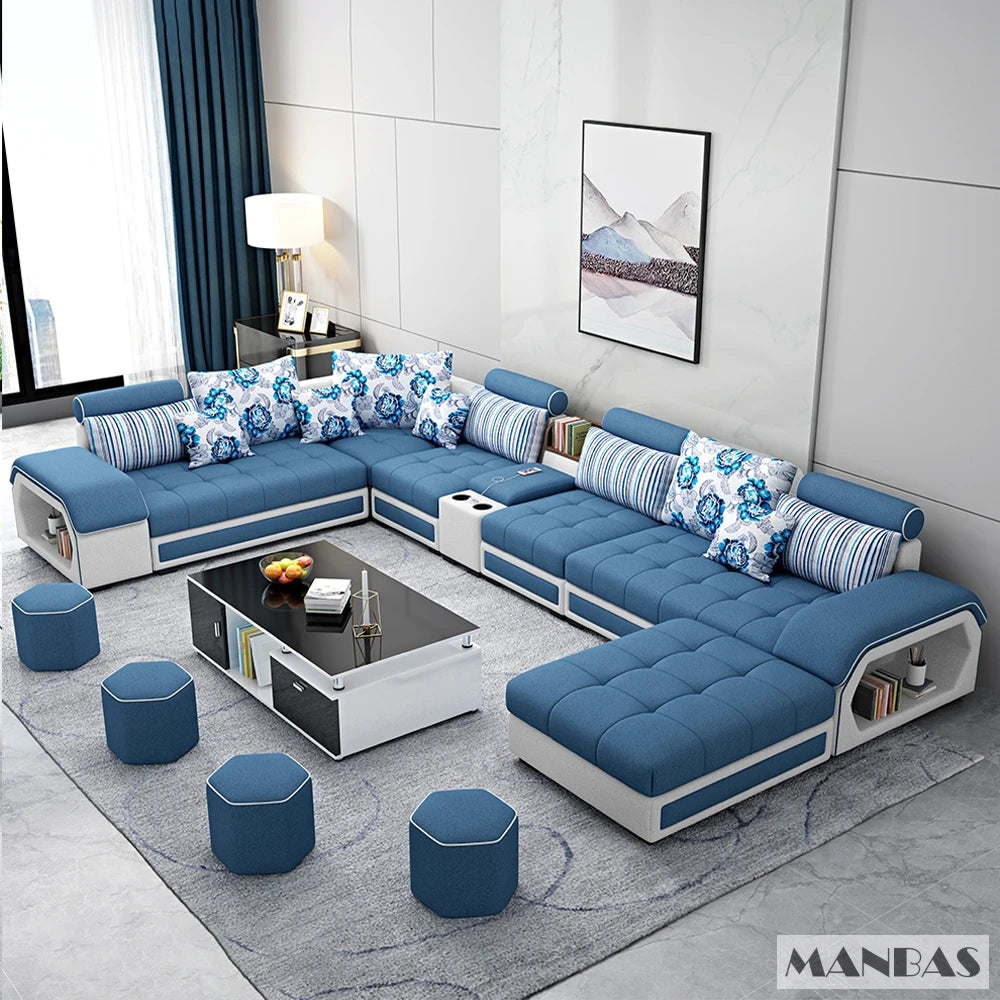 MINGDIBAO Fabric Sofa Set Furniture Living Room Sofa Set with USB and Stools / Big U Shape Cloth Couch Sofas for Home Furniture