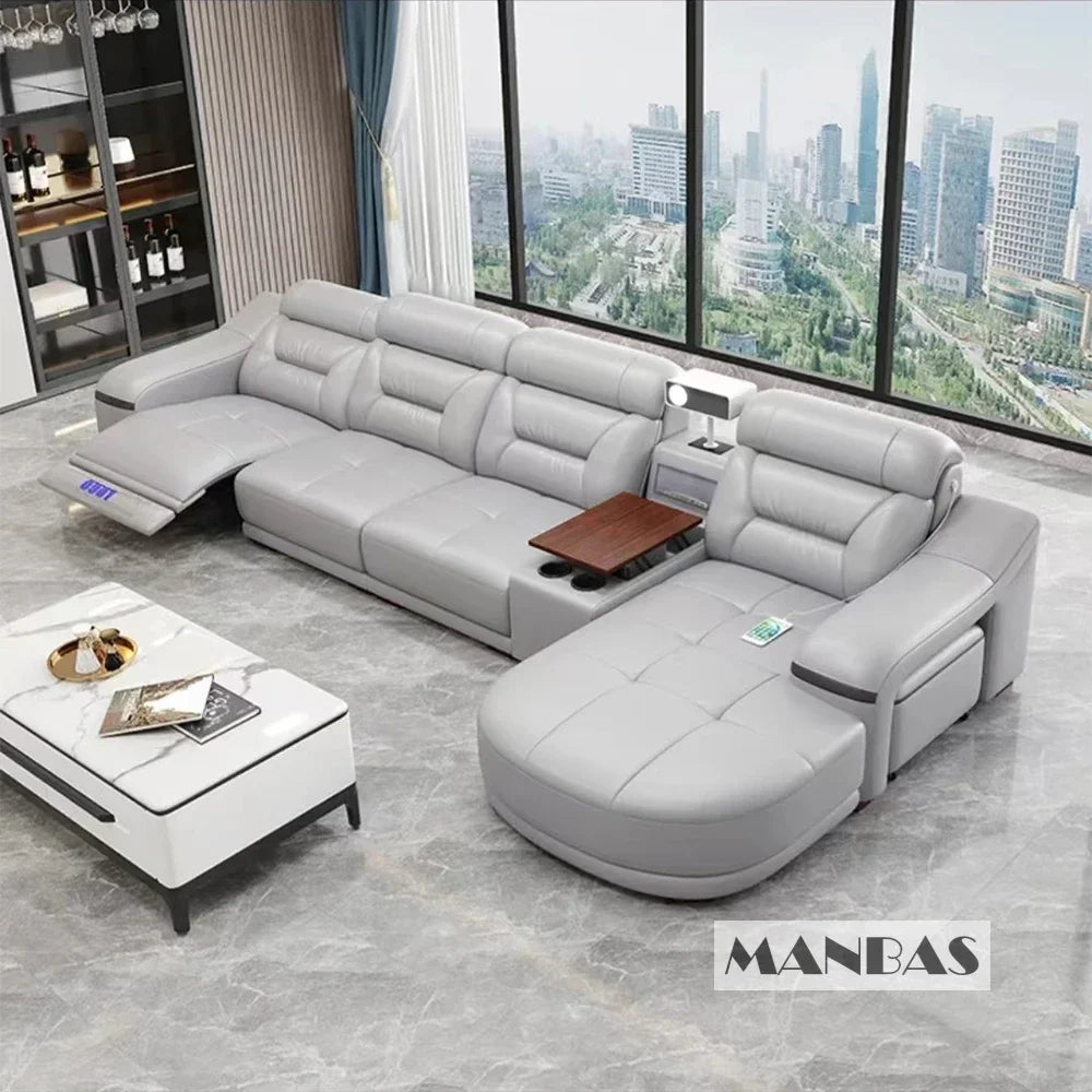 MINGDIBAO Genuine Leather Living Room Sofas Power Reclining Couch Electric Recliners With Projector, USB, Speaker & Cup Holder