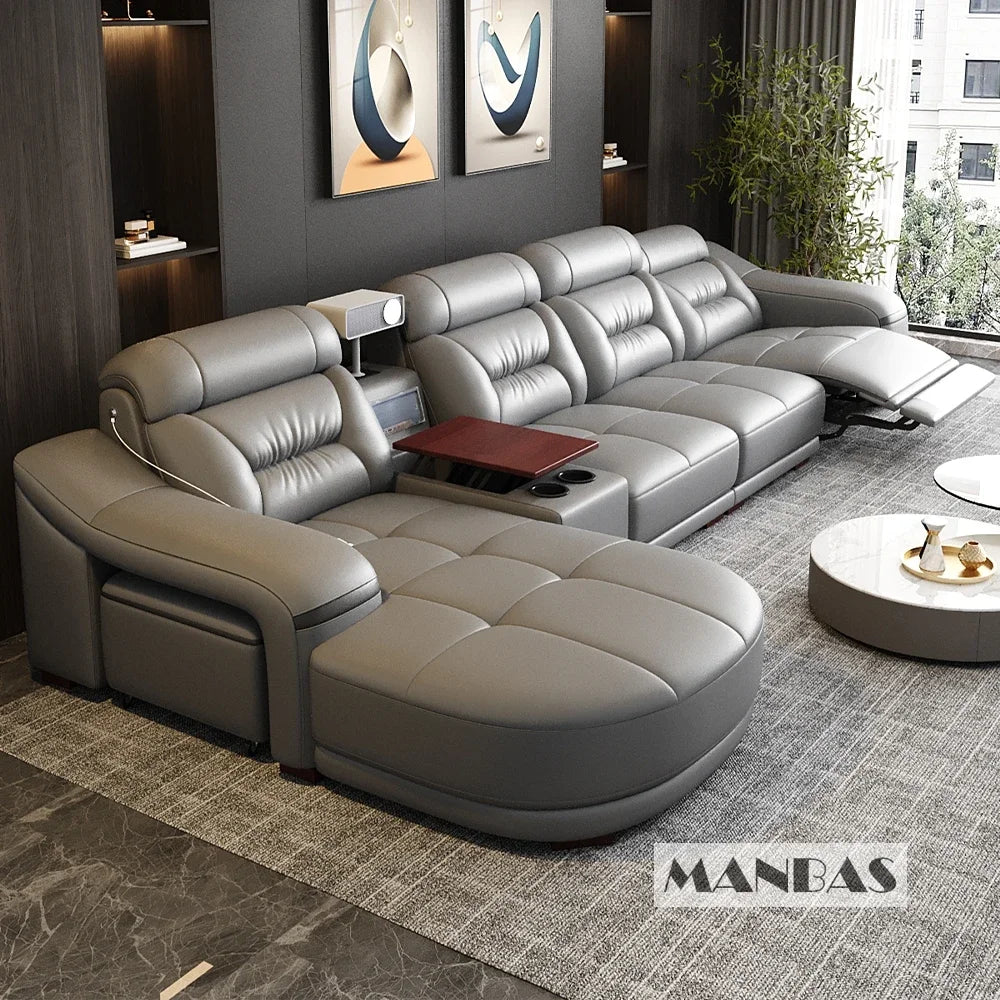 MINGDIBAO Genuine Leather Living Room Sofas Power Reclining Couch Electric Recliners With Projector, USB, Speaker & Cup Holder