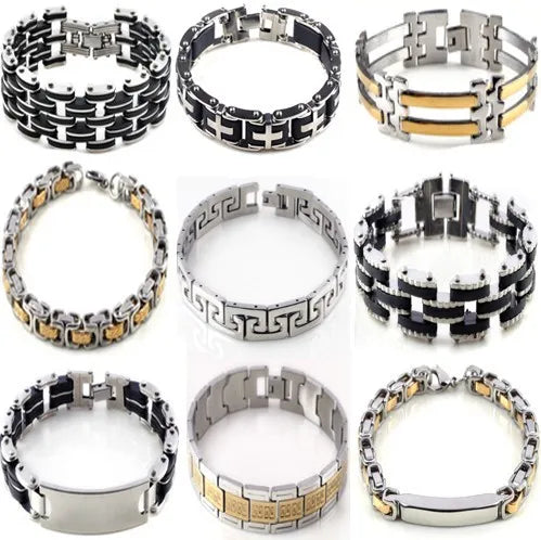 Men's Black Cross Silver Color Stainless Steel Rubber Bracelet Cuff Bangle Chain Wristband Jewelry 8.5"