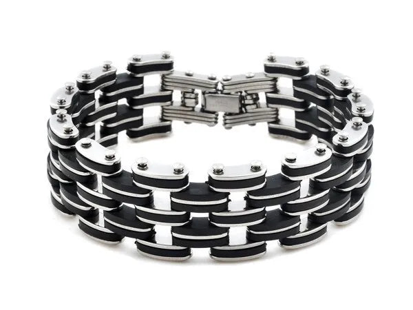 Men's Black Cross Silver Color Stainless Steel Rubber Bracelet Cuff Bangle Chain Wristband Jewelry 8.5"