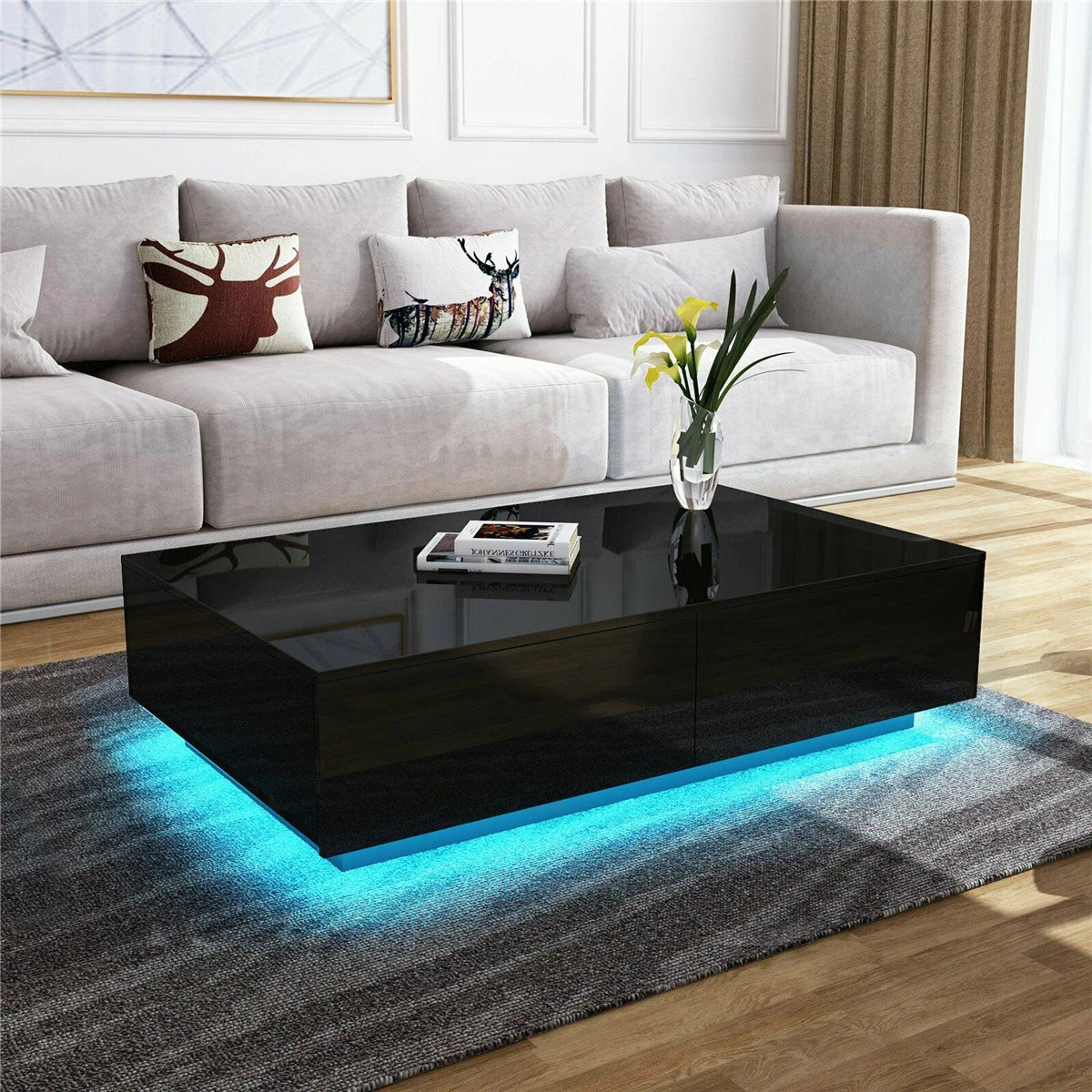 Modern High Gloss RGB LED Coffee Table with 4 Drawer Storage Organizer Sofa Side Table End Table Furniture for Living Room