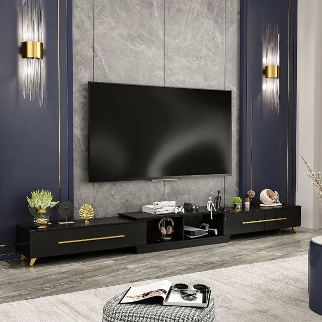 Extendable low rise entertainment Center go from 95" to 134" in seconds. Beautiful gold accents give it an elegant touch!