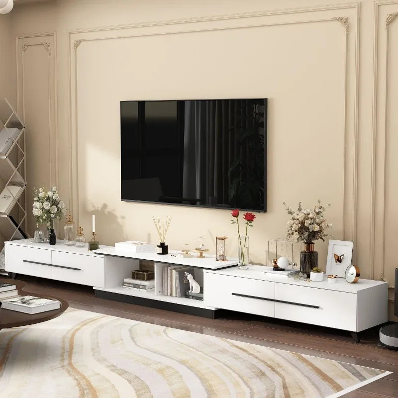 Extendable low rise entertainment Center go from 95" to 134" in seconds. Beautiful gold accents give it an elegant touch!