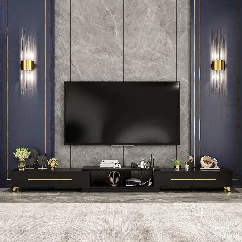 Extendable low rise entertainment Center go from 95" to 134" in seconds. Beautiful gold accents give it an elegant touch!