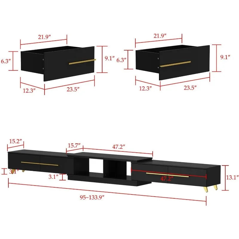 Extendable low rise entertainment Center go from 95" to 134" in seconds. Beautiful gold accents give it an elegant touch!