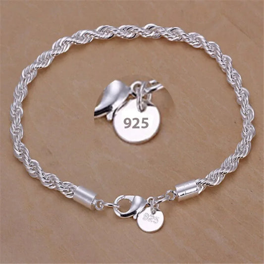 New High quality 925 Sterling Silver 4MM Women Men chain Male Twisted Rope Bracelets Fashion Silver Jewelry