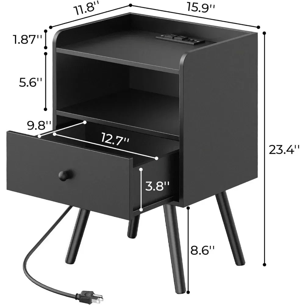 Nightstand With Charging Station And LED Lights, Bed Side Tables Set Of 2, End Tables With Drawer