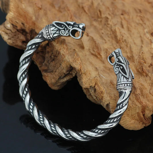 Norse Viking Wolf Head Bracelet Stainless Steel Opening Adjustable Wristband Cuff Snake Bangle for Men Fashion Jewelry Wholesale