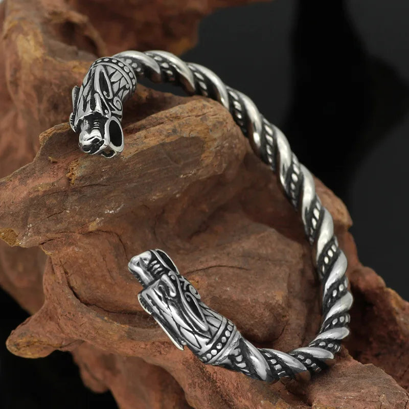 Norse Viking Wolf Head Bracelet Stainless Steel Opening Adjustable Wristband Cuff Snake Bangle for Men Fashion Jewelry Wholesale